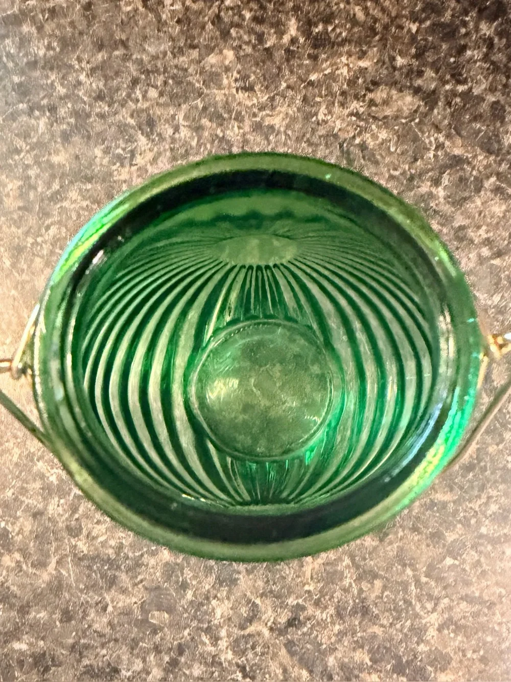 Green Pressed Glass Sunburst Vase with Metal Handle - Picture 3 of 8